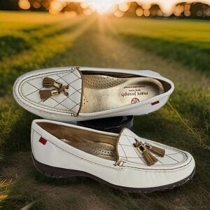 marc joseph NY White Leather Tasseled Gold Accent WALL ST GOLF loafers SZ: 8 EUC